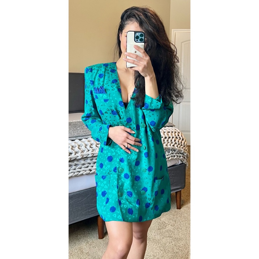 Vintage Silk 80’s Geometric Teal Button Down Tunic Top Silks by St. Gillian